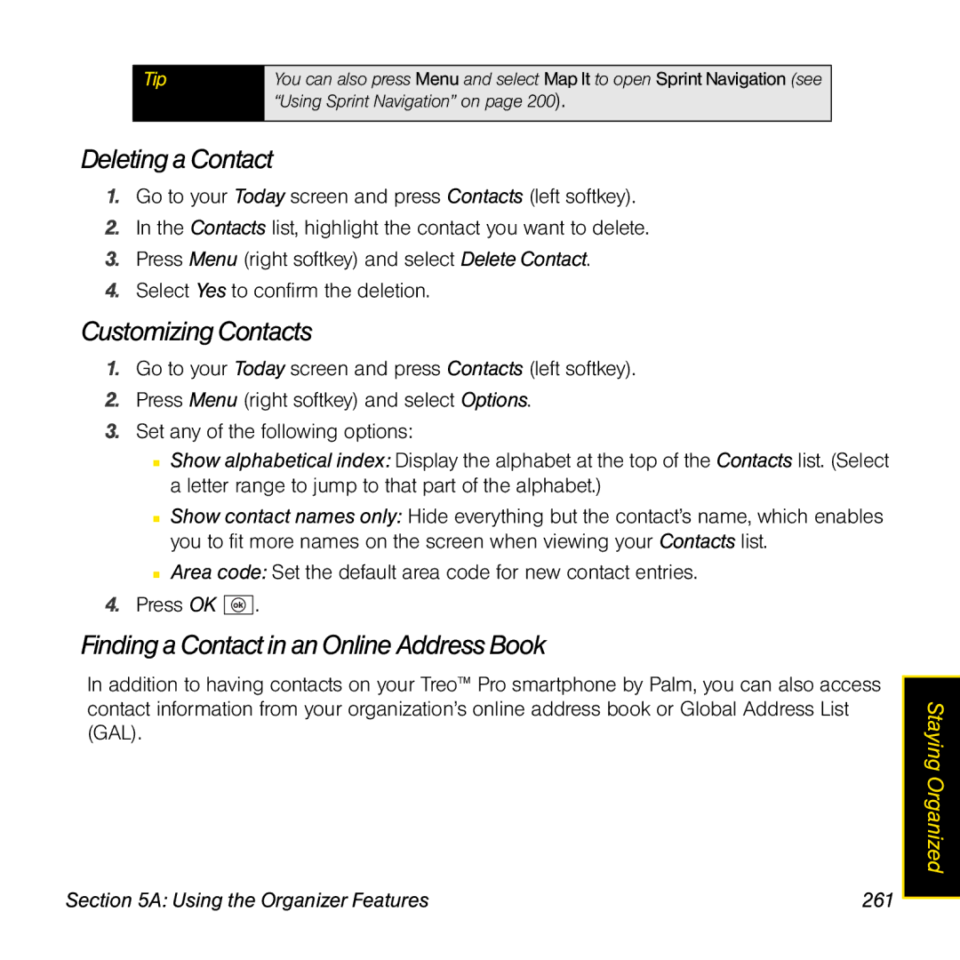 Palm TREOPROBLKSPT manual Deleting a Contact, Customizing Contacts, Finding a Contact in an Online Address Book 