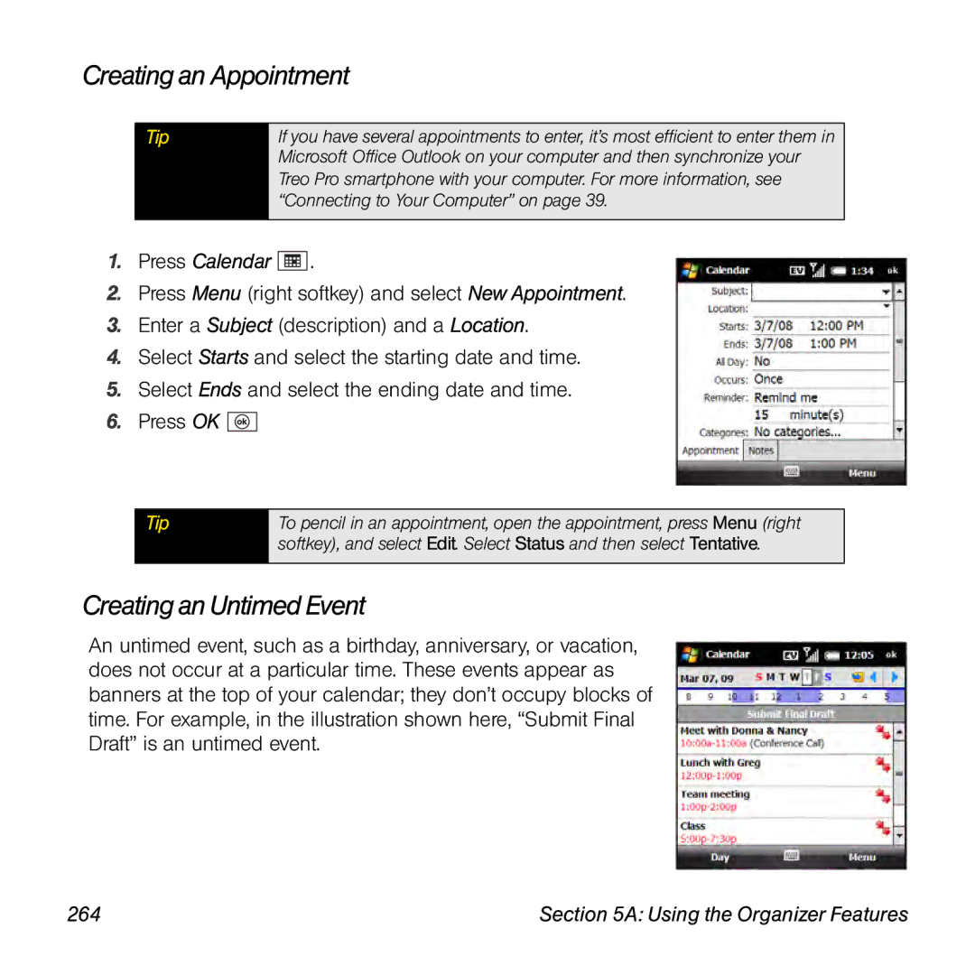 Palm TREOPROBLKSPT manual Creating an Appointment, Creating an Untimed Event, 264 