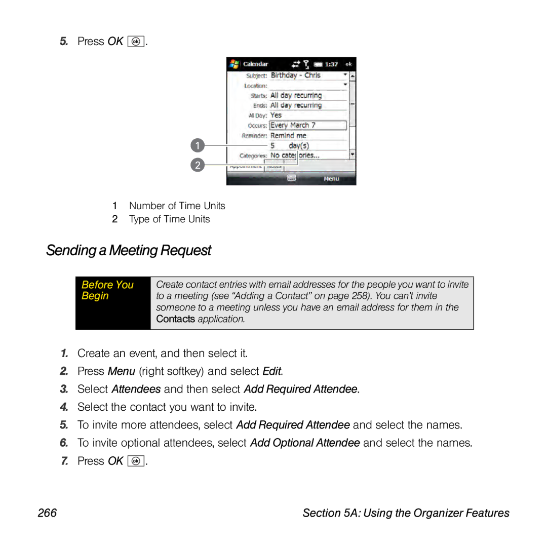 Palm TREOPROBLKSPT manual Sending a Meeting Request, Select Attendees and then select Add Required Attendee, 266 