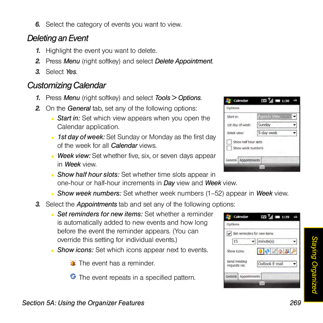 Palm TREOPROBLKSPT manual Deleting an Event, Customizing Calendar, Using the Organizer Features 269 