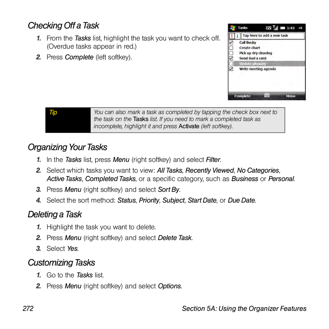 Palm TREOPROBLKSPT manual Checking Off a Task, Organizing Your Tasks, Deleting a Task, Customizing Tasks, 272 