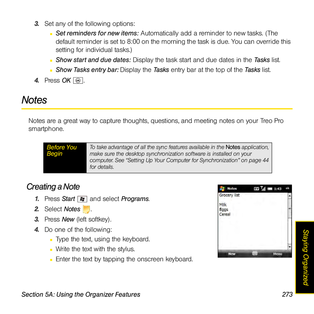 Palm TREOPROBLKSPT manual Creating a Note, Using the Organizer Features 273 