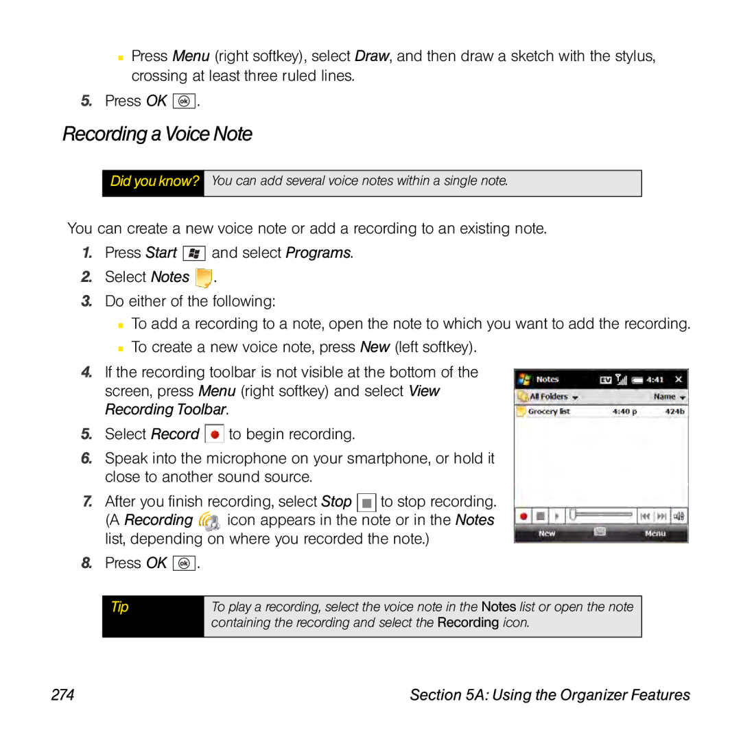 Palm TREOPROBLKSPT manual Recording a Voice Note 