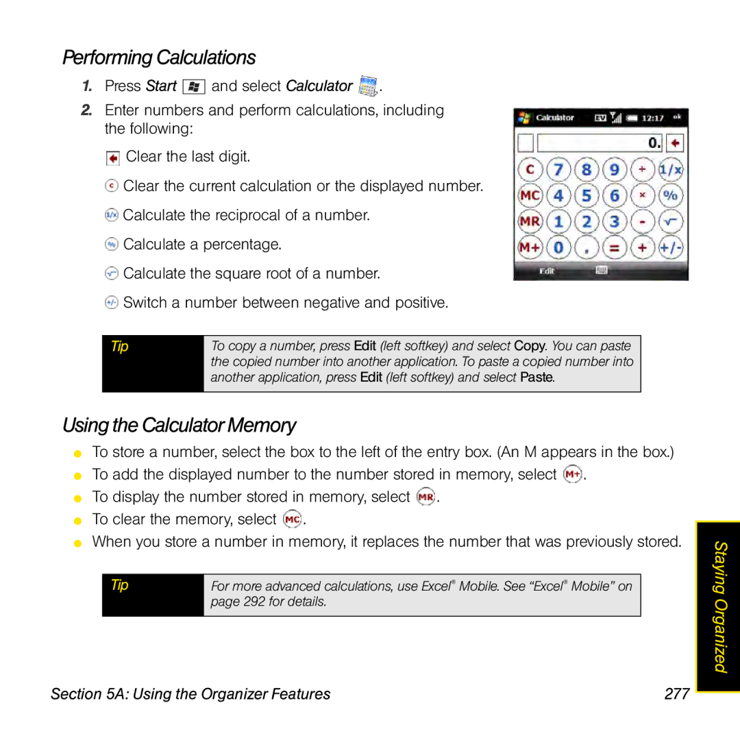 Palm TREOPROBLKSPT manual Performing Calculations, Using the Calculator Memory, Using the Organizer Features 277 