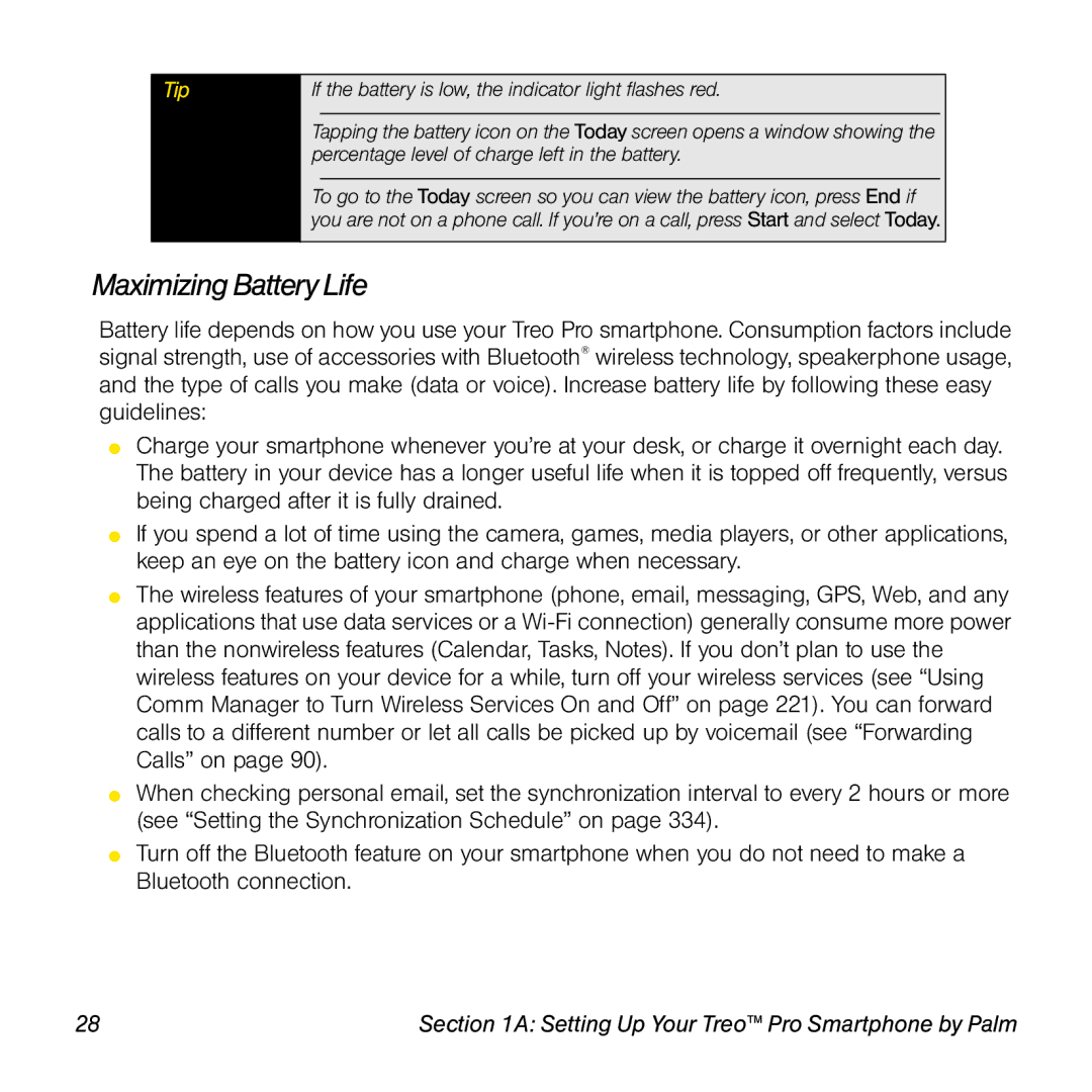 Palm TREOPROBLKSPT manual Maximizing Battery Life 