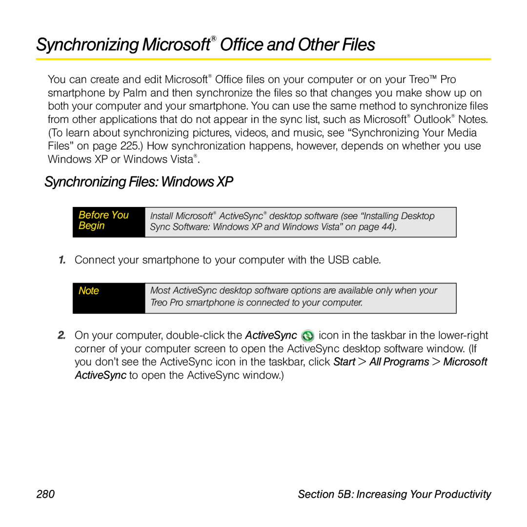 Palm TREOPROBLKSPT manual Synchronizing Microsoft Office and Other Files, Synchronizing Files Windows XP, 280 