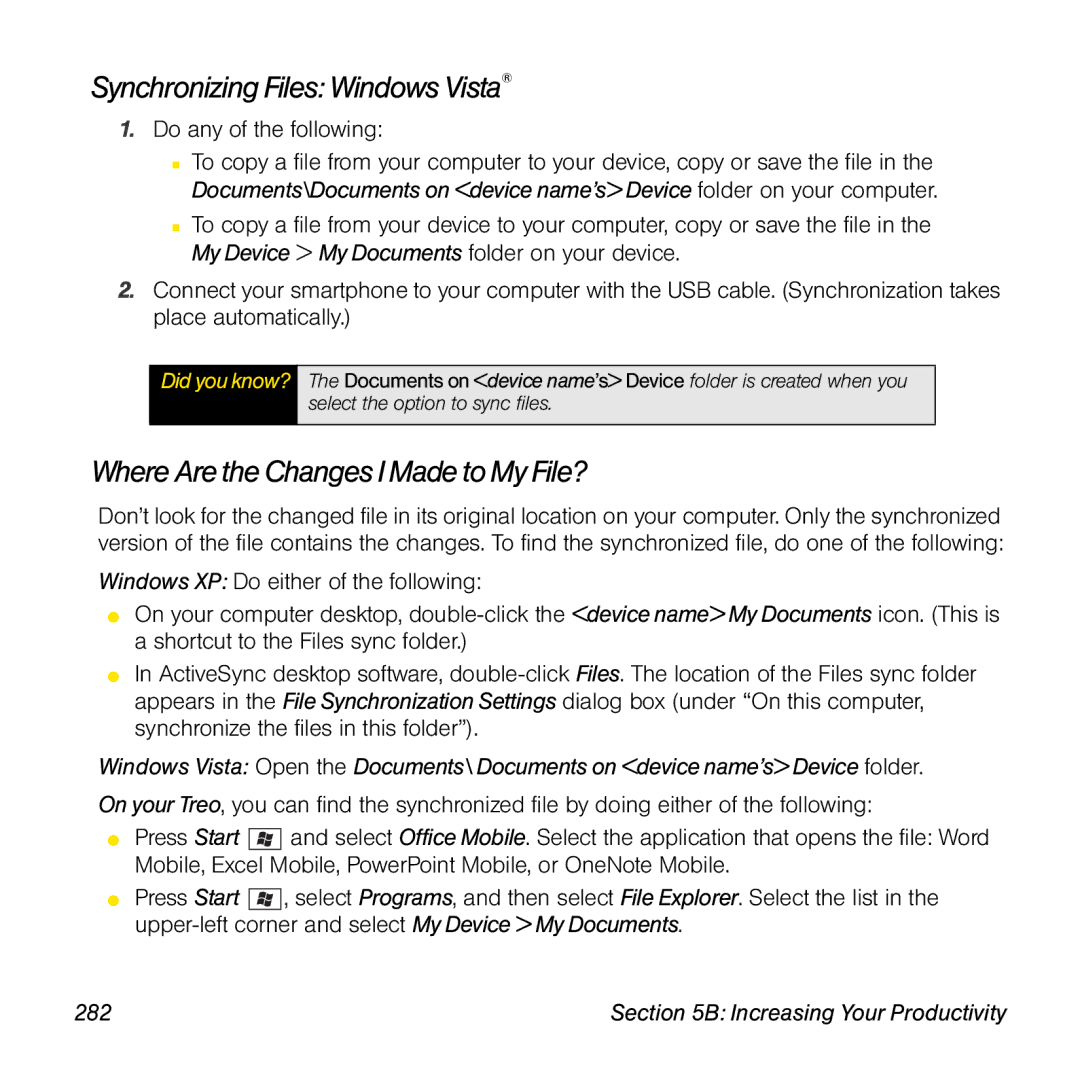Palm TREOPROBLKSPT manual Synchronizing Files Windows Vista, Where Are the Changes I Made to My File?, 282 
