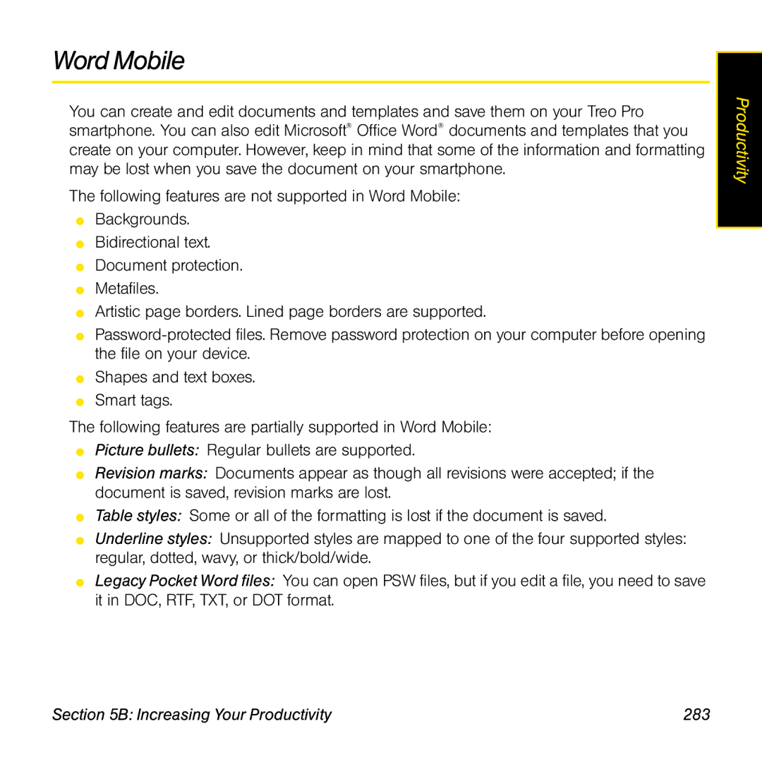 Palm TREOPROBLKSPT manual Word Mobile, Increasing Your Productivity 283 