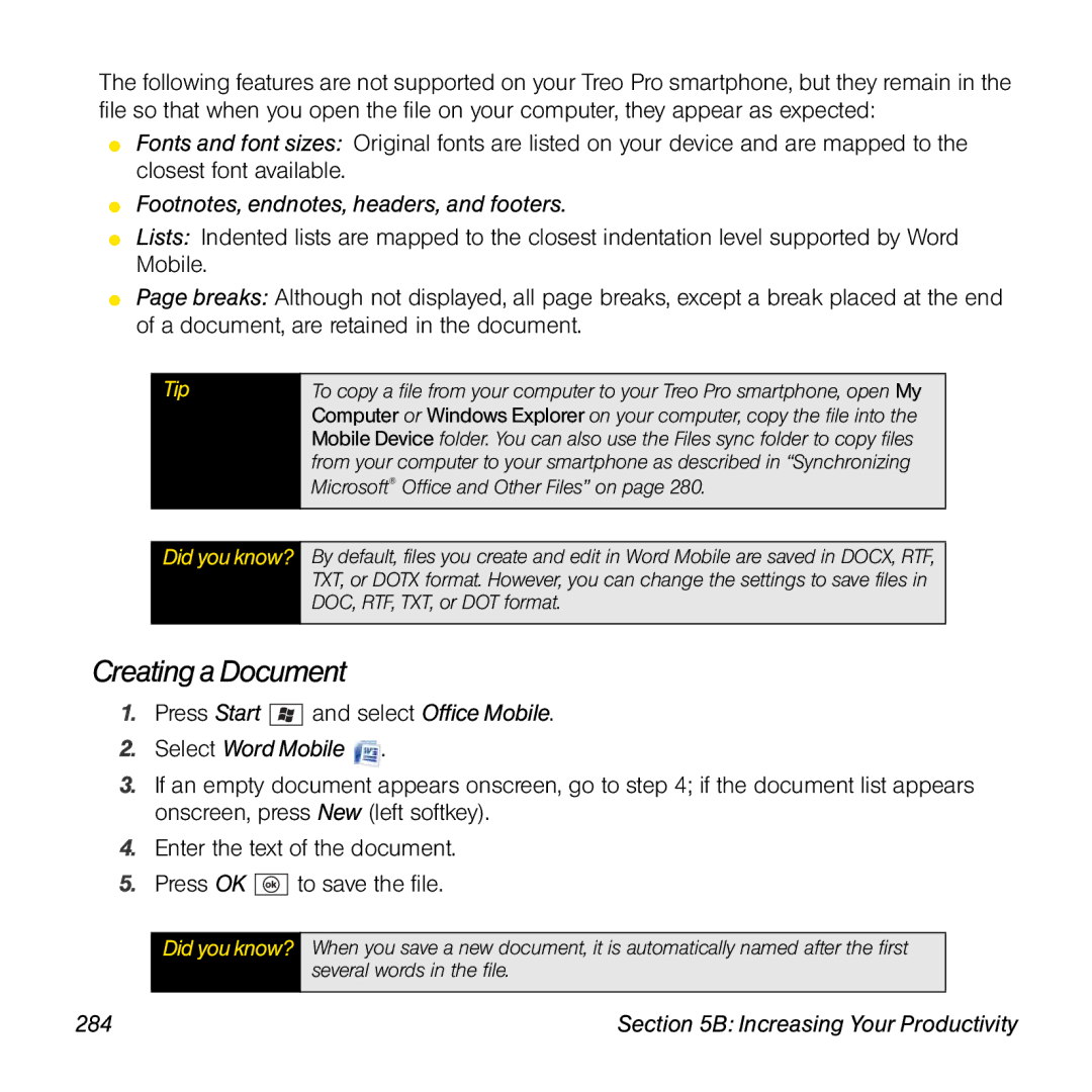 Palm TREOPROBLKSPT manual Creating a Document, Footnotes, endnotes, headers, and footers, Select Word Mobile, 284 