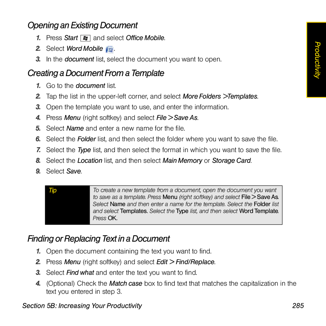 Palm TREOPROBLKSPT Opening an Existing Document, Creating a Document From a Template, Increasing Your Productivity 285 