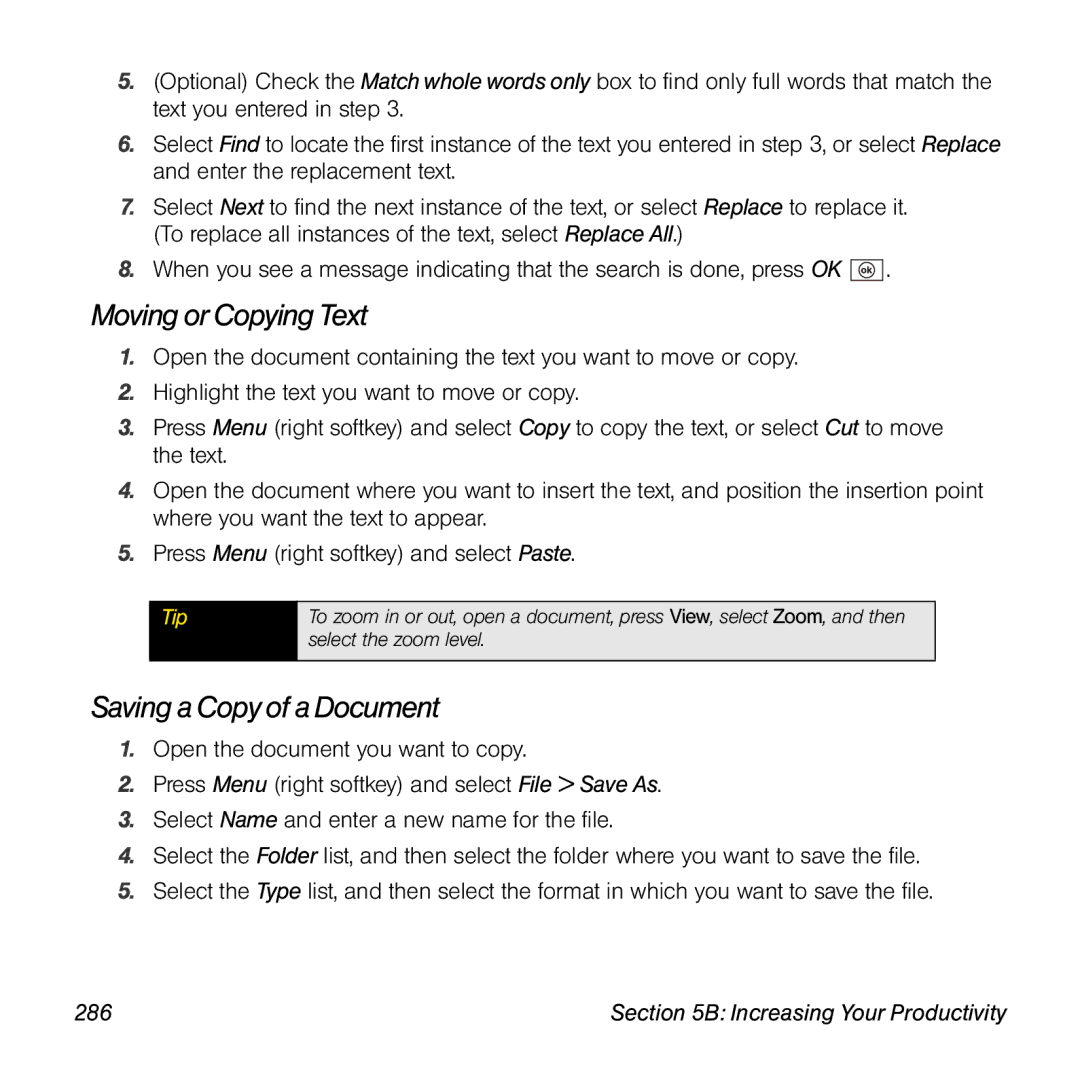 Palm TREOPROBLKSPT manual Moving orCopying Text, Saving a Copy of a Document, 286 