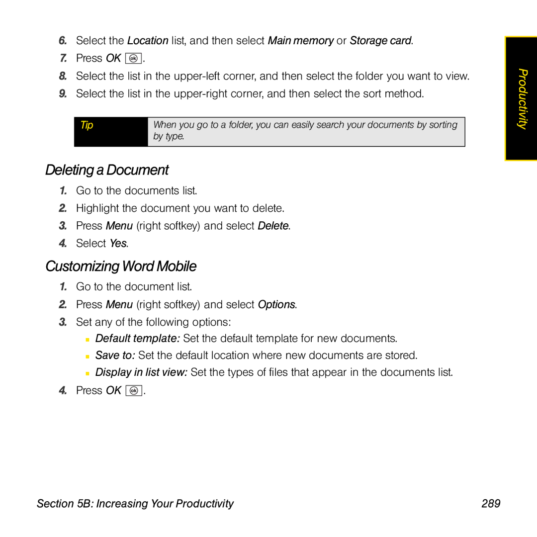 Palm TREOPROBLKSPT manual Deleting a Document, Customizing Word Mobile, Increasing Your Productivity 289 