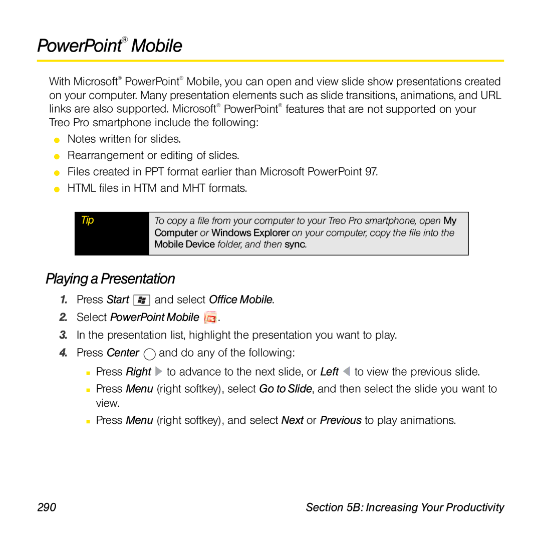 Palm TREOPROBLKSPT manual Playing a Presentation, Select PowerPoint Mobile, 290 