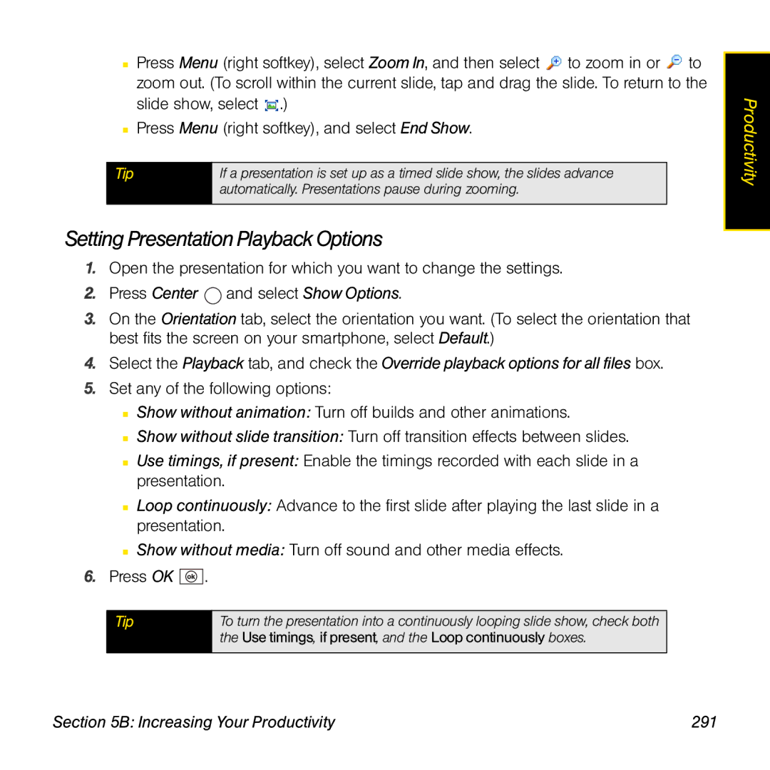 Palm TREOPROBLKSPT manual Setting Presentation Playback Options, Increasing Your Productivity 291 