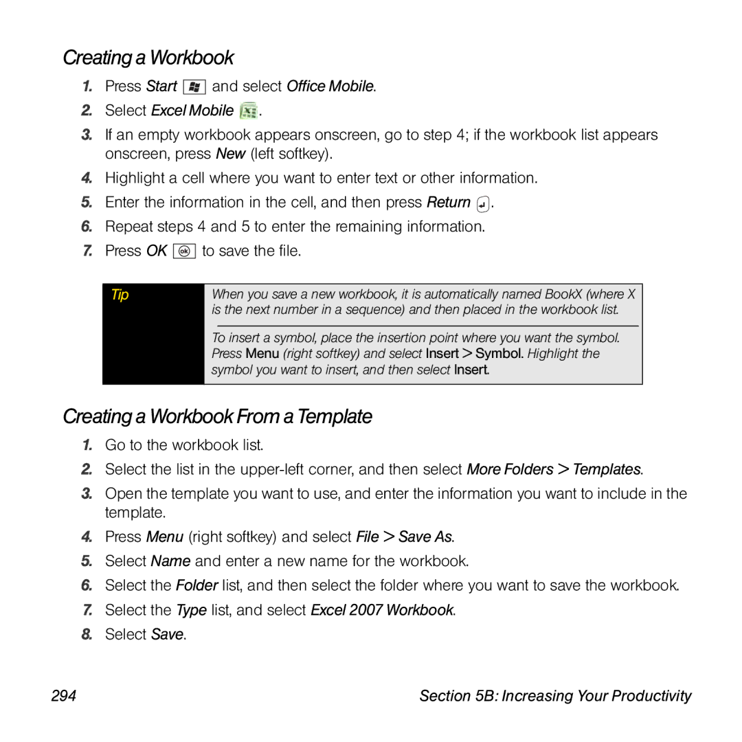 Palm TREOPROBLKSPT manual Creating a Workbook From a Template, Select Excel Mobile, 294 