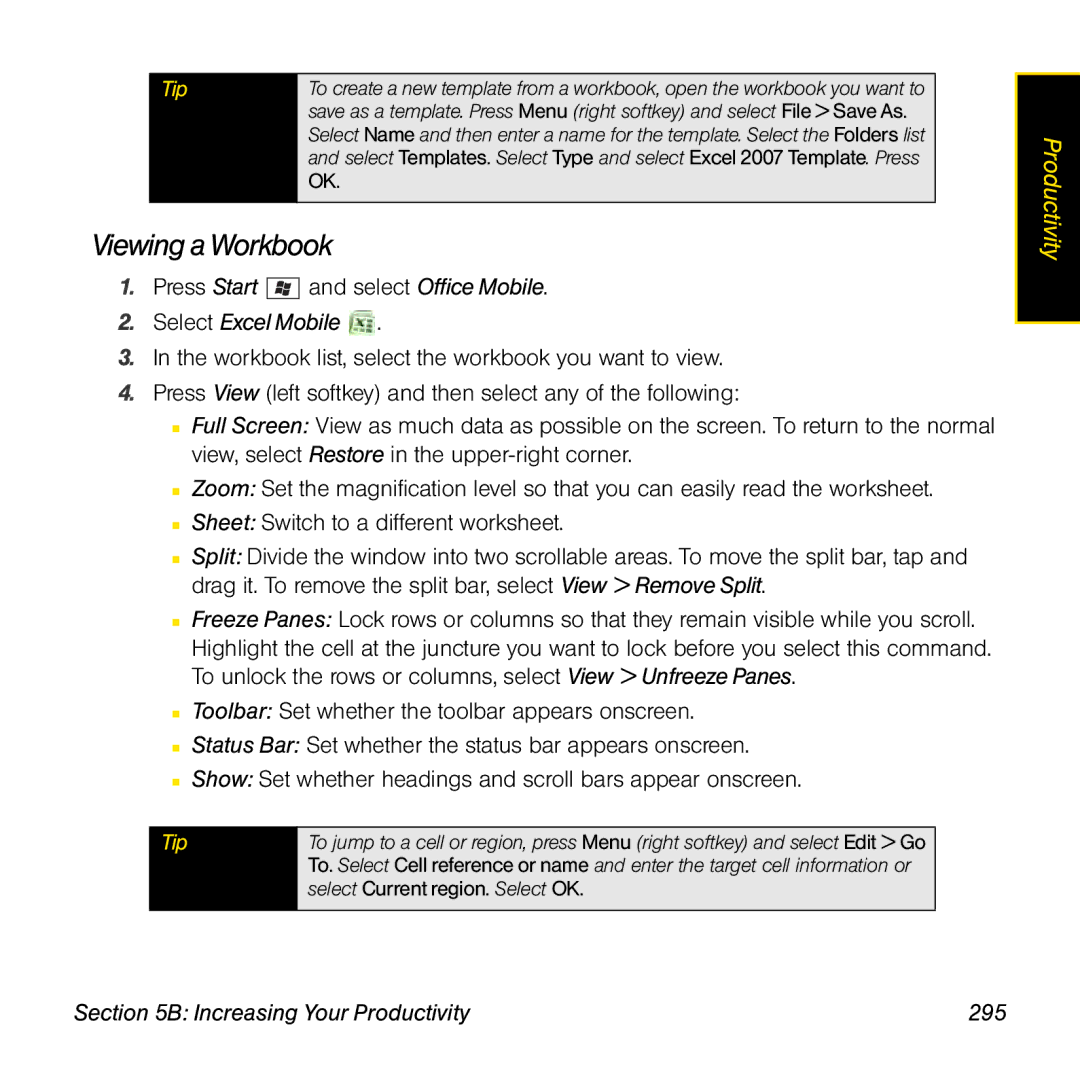 Palm TREOPROBLKSPT manual Viewing a Workbook, Increasing Your Productivity 295 