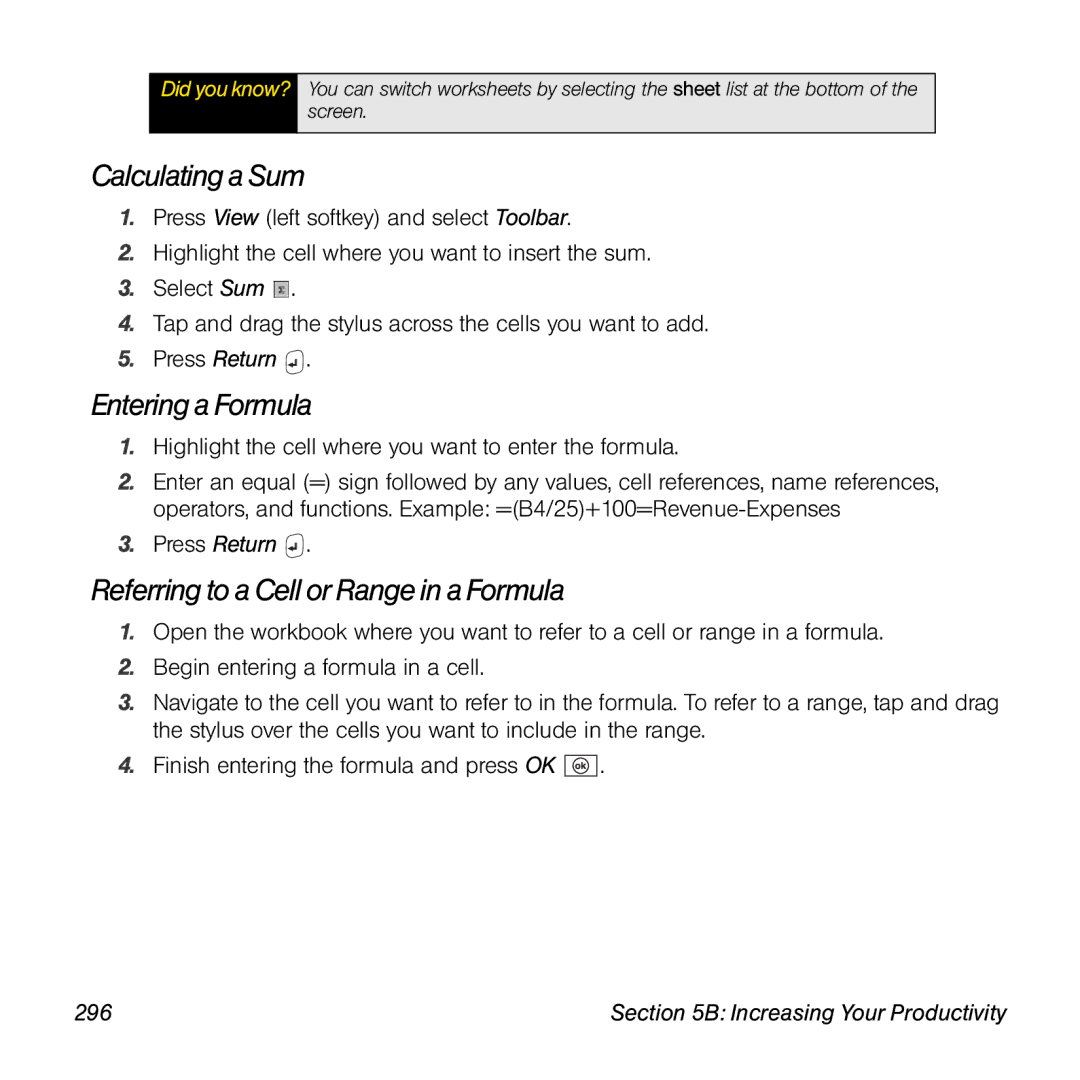 Palm TREOPROBLKSPT manual Calculating a Sum, Entering a Formula, Referring to a Cell or Range in a Formula, 296 