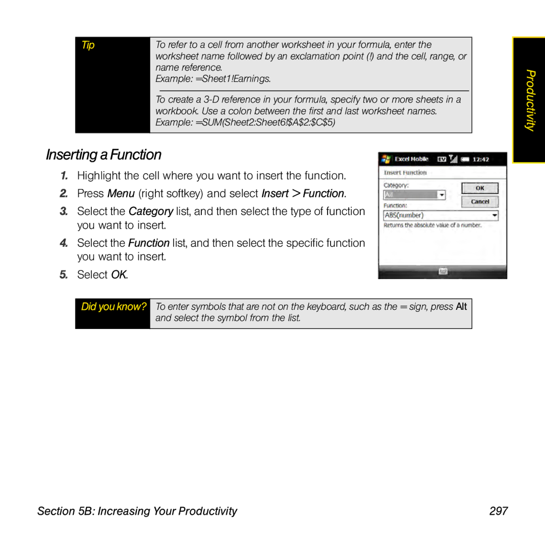 Palm TREOPROBLKSPT manual Inserting a Function, Increasing Your Productivity 297 