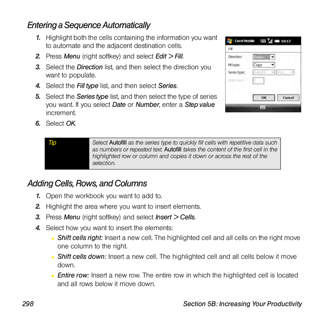 Palm TREOPROBLKSPT manual Entering a Sequence Automatically, Adding Cells, Rows, and Columns, 298 