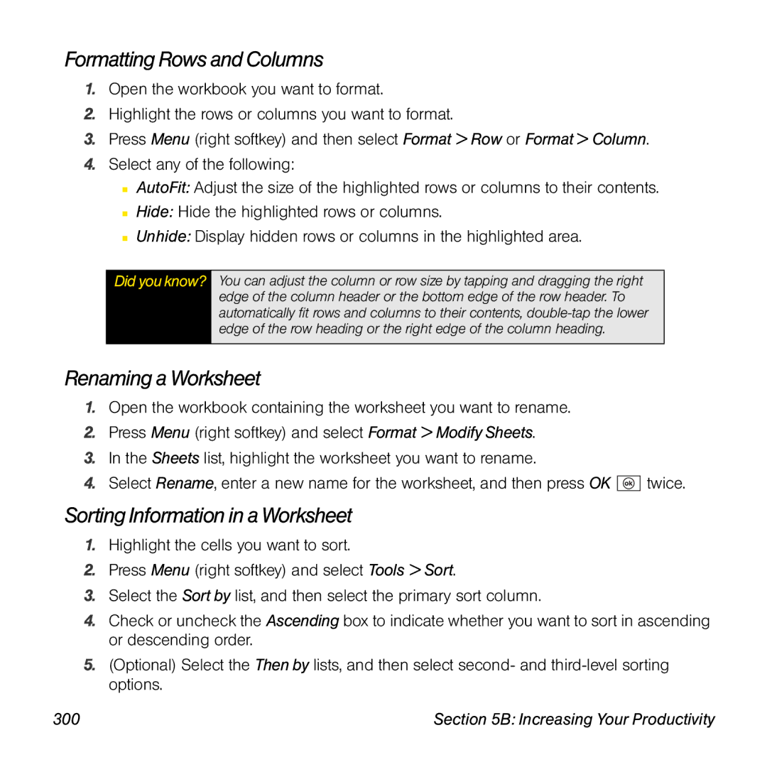 Palm TREOPROBLKSPT manual Formatting Rows and Columns, Renaming a Worksheet, Sorting Information in a Worksheet, 300 