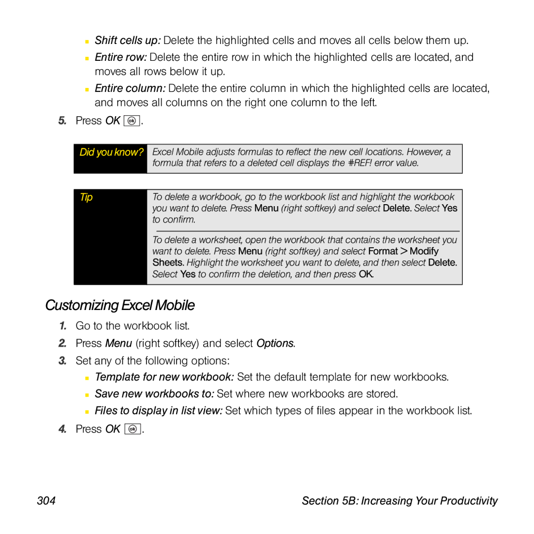 Palm TREOPROBLKSPT manual Customizing Excel Mobile, 304 