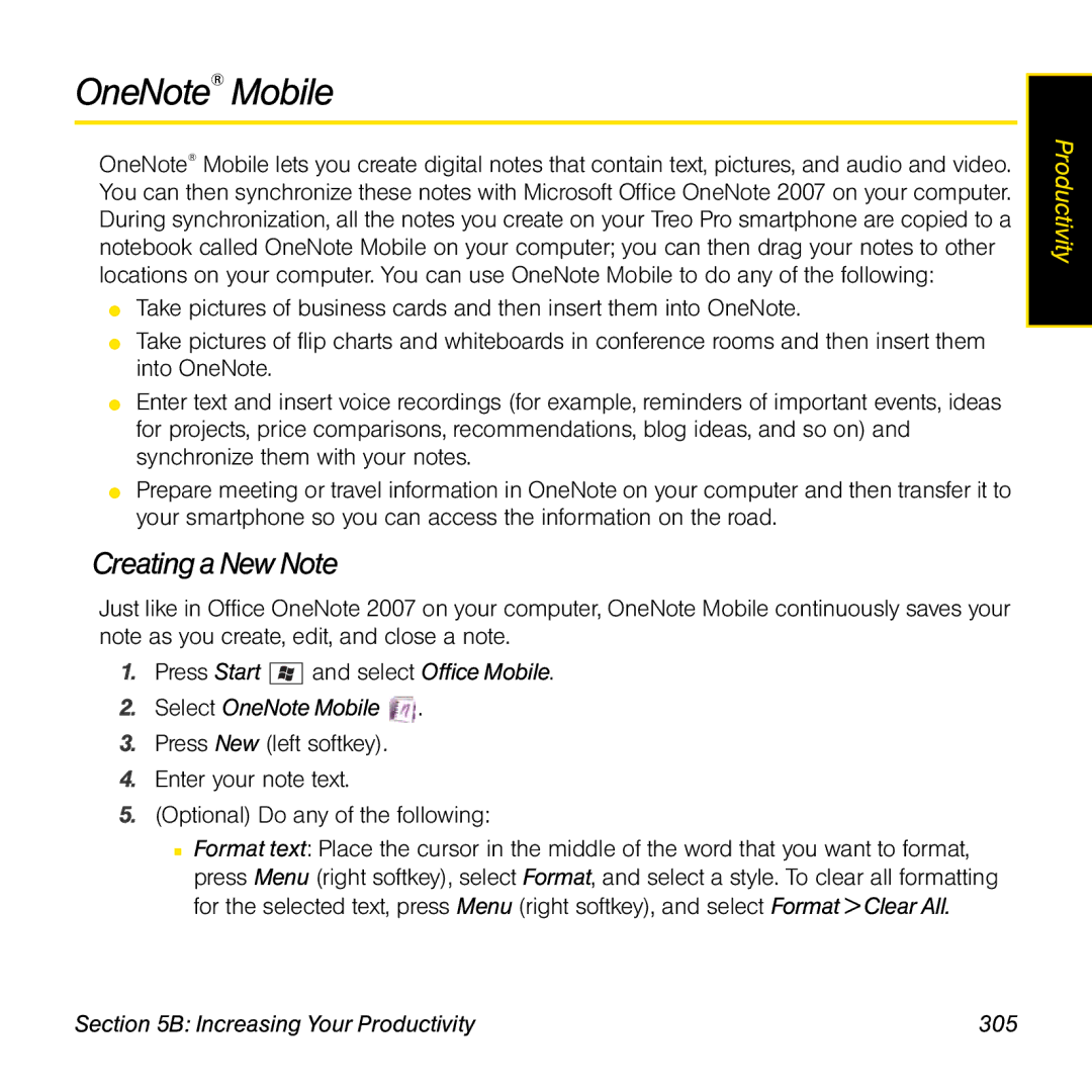 Palm TREOPROBLKSPT manual Creating a New Note, Select OneNote Mobile, Increasing Your Productivity 305 