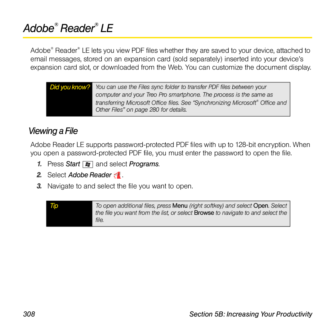 Palm TREOPROBLKSPT manual Adobe Reader LE, Viewing a File, Select Adobe Reader, 308 
