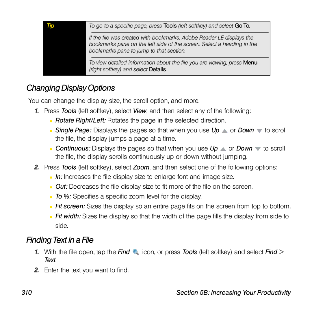 Palm TREOPROBLKSPT manual Changing Display Options, Finding Text in a File, 310 