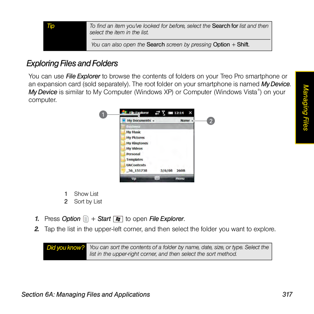 Palm TREOPROBLKSPT manual Exploring Files and Folders, Press Option + Start to open File Explorer 