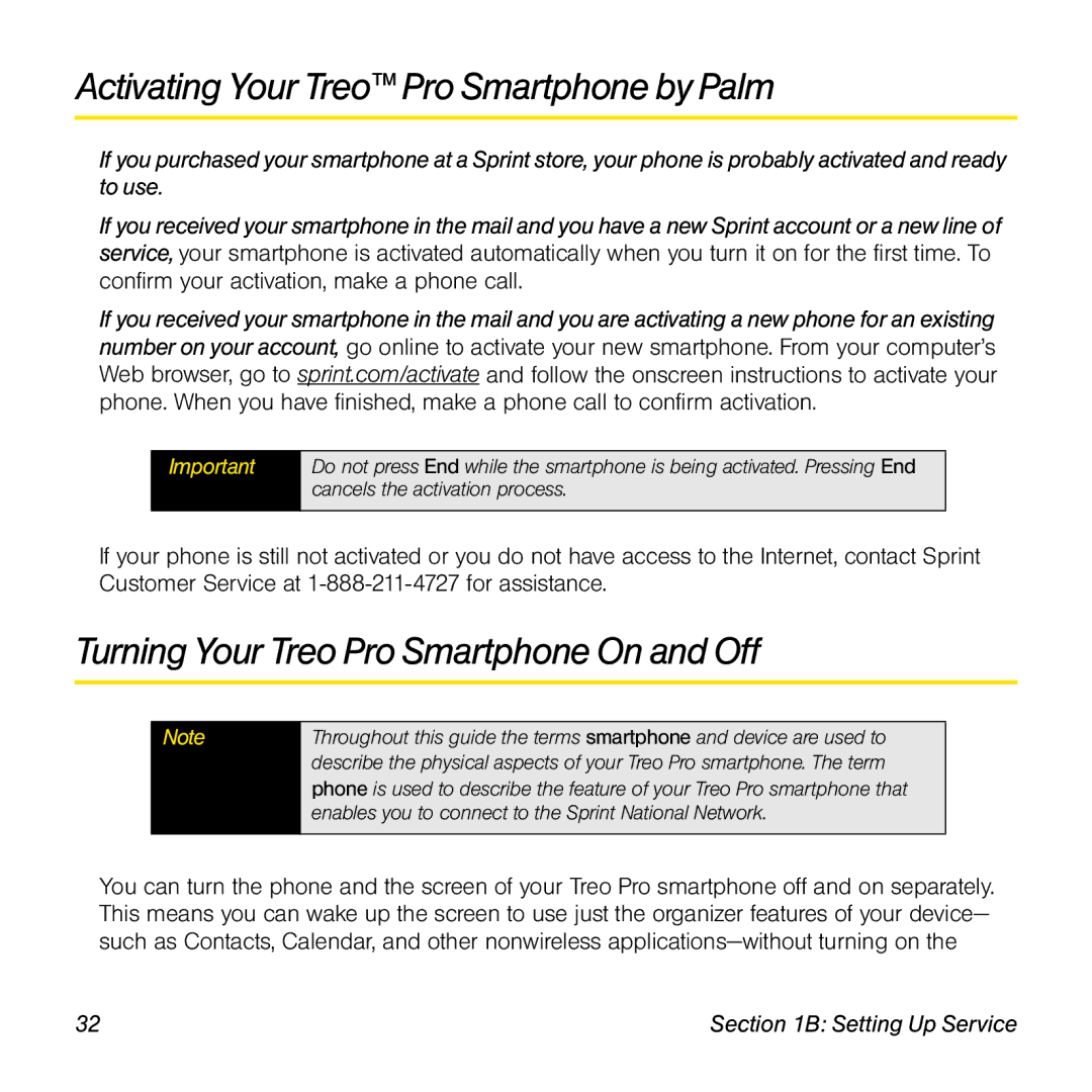 Palm TREOPROBLKSPT manual Activating Your Treo Pro SmartphonebyPalm, Turning Your TreoPro Smartphone On and Off 