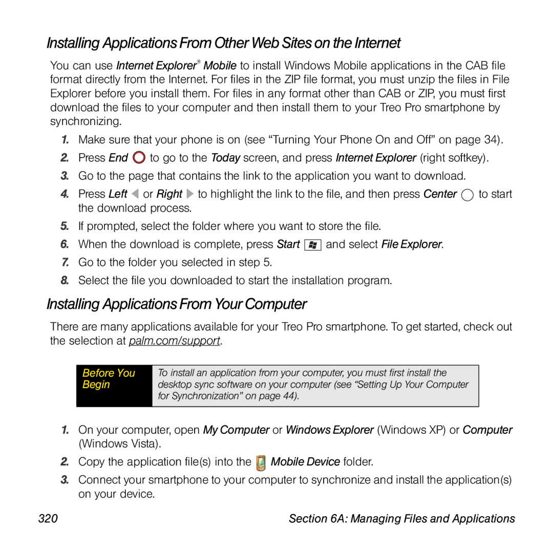 Palm TREOPROBLKSPT manual Installing Applications From Your Computer, 320 