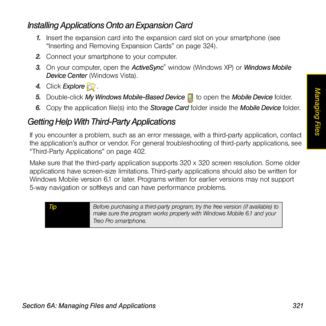 Palm TREOPROBLKSPT manual Installing Applications Onto an Expansion Card, Getting Help With Third-Party Applications 