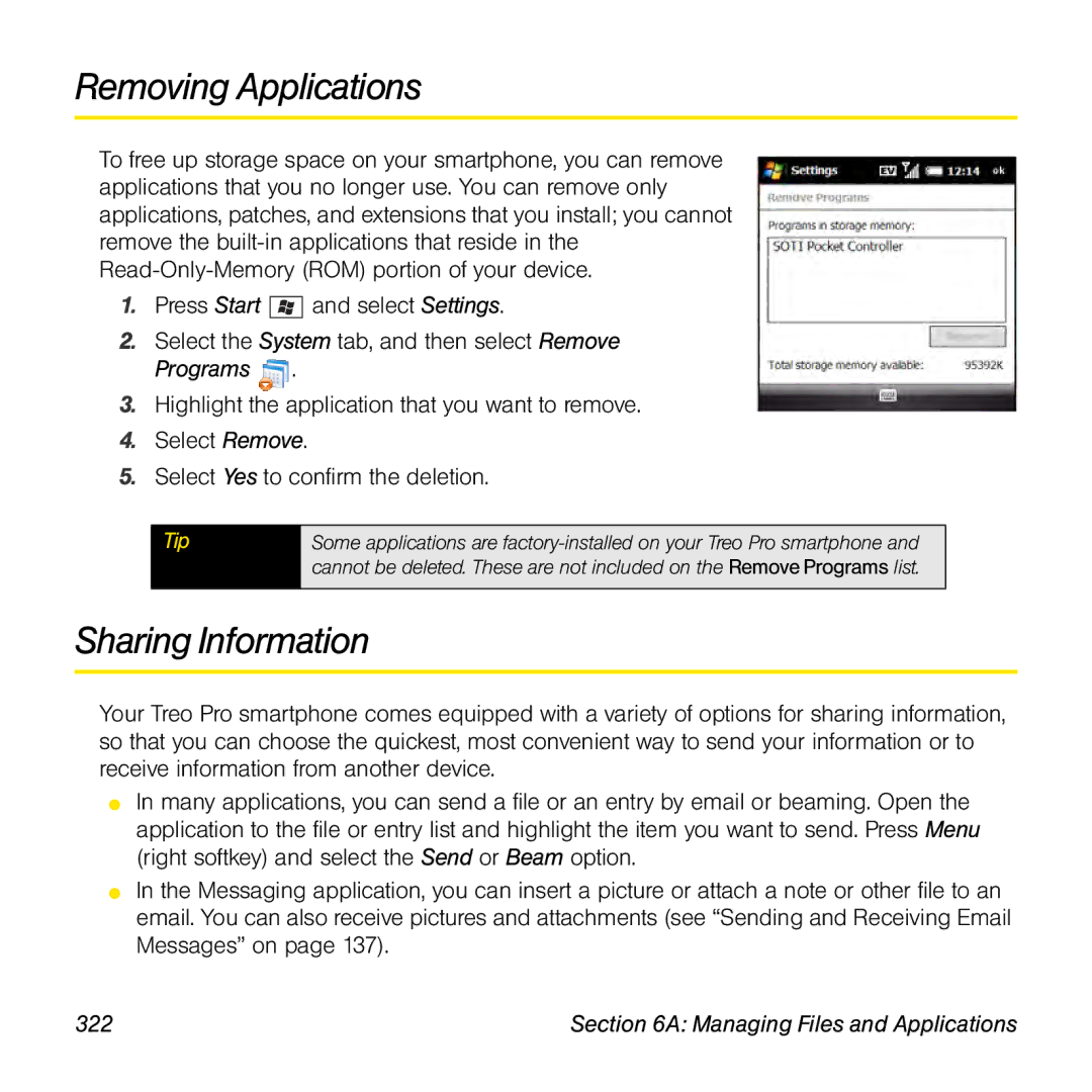 Palm TREOPROBLKSPT manual Removing Applications, Sharing Information, 322 