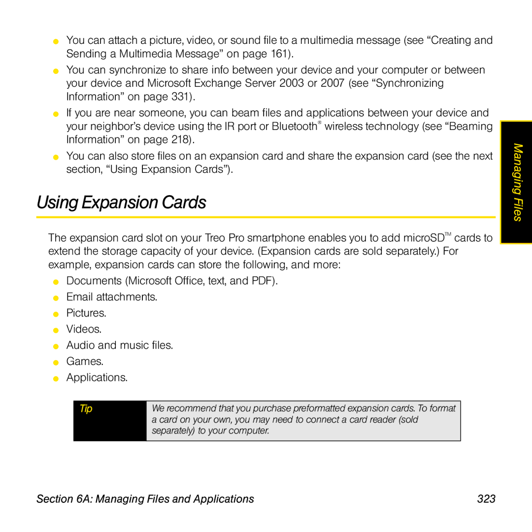 Palm TREOPROBLKSPT manual Using Expansion Cards, Managing Files and Applications 323 