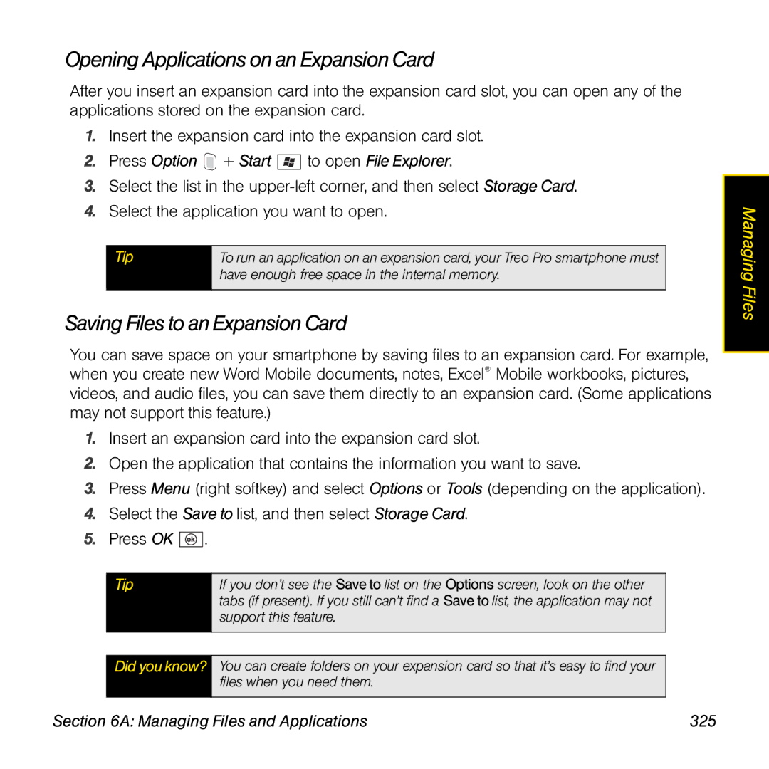 Palm TREOPROBLKSPT manual Opening Applications on an Expansion Card, Saving Files to an Expansion Card 