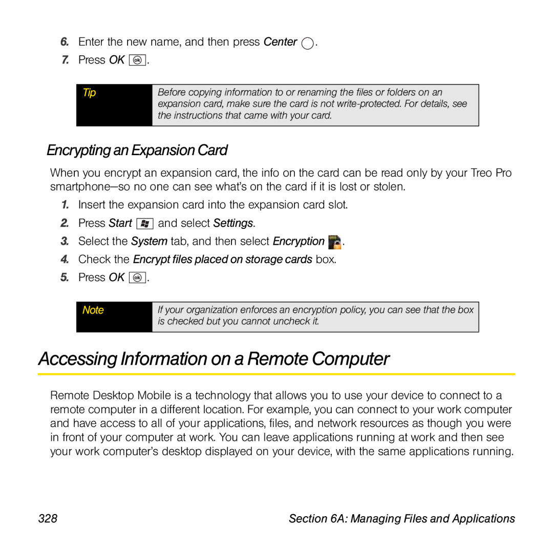 Palm TREOPROBLKSPT manual Accessing Information on a Remote Computer, Encrypting an Expansion Card, 328 