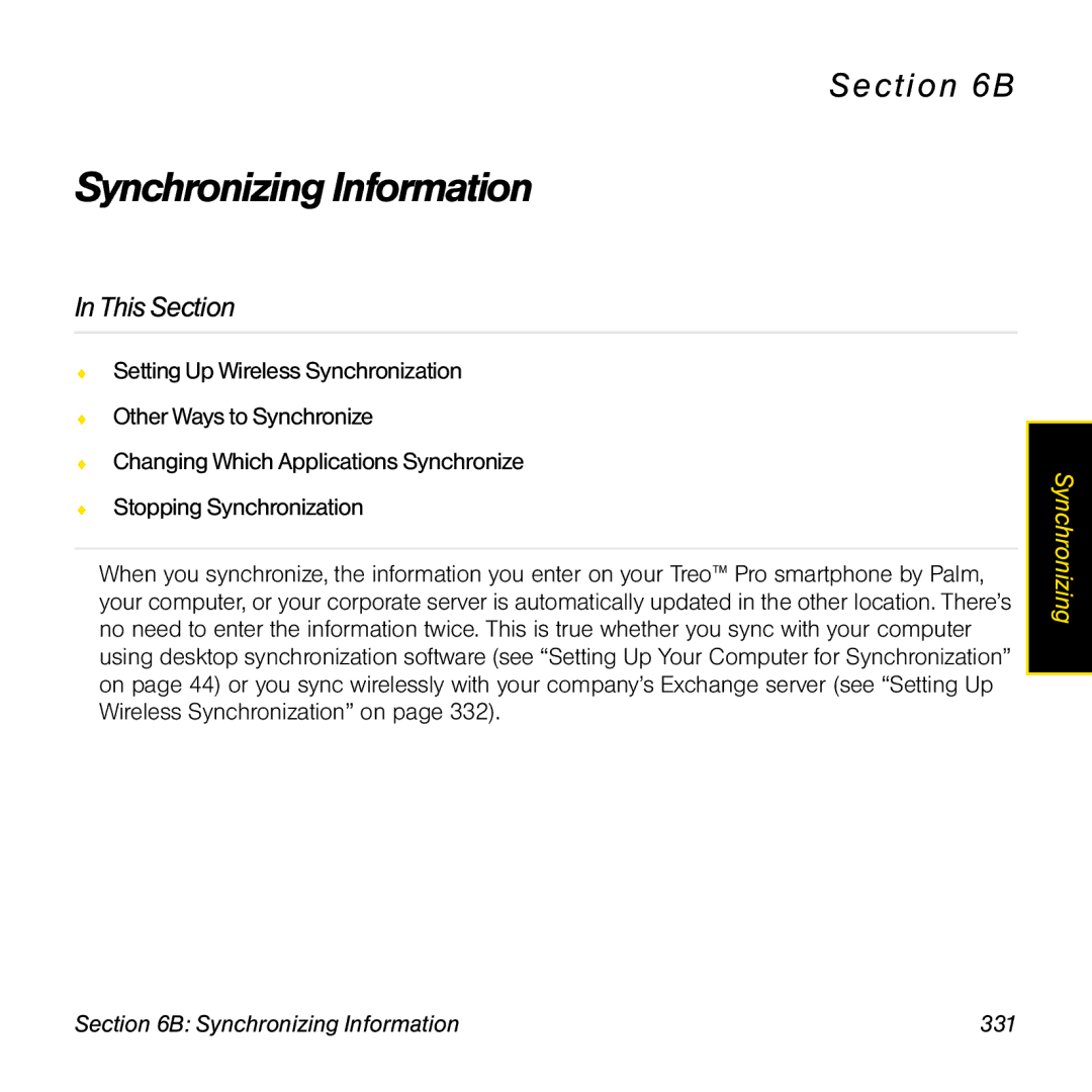 Palm TREOPROBLKSPT manual Synchronizing Information 331 