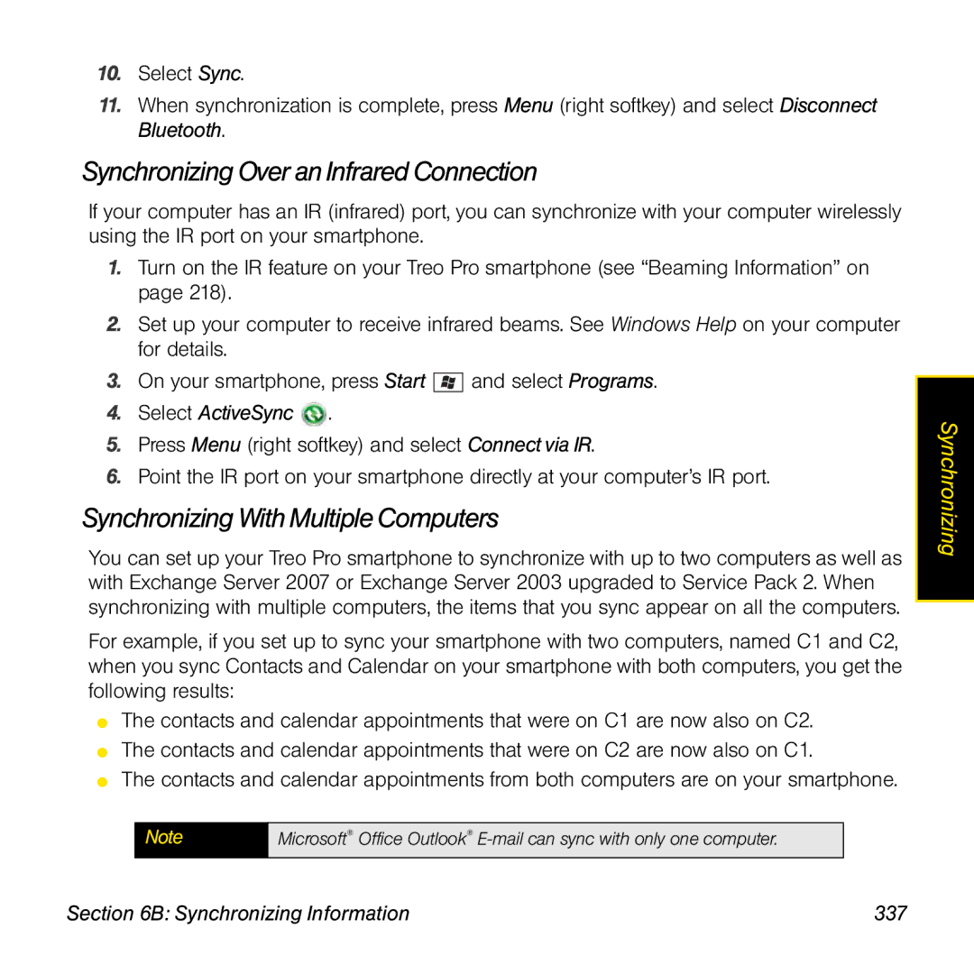 Palm TREOPROBLKSPT manual Synchronizing Over an Infrared Connection, Synchronizing With Multiple Computers 