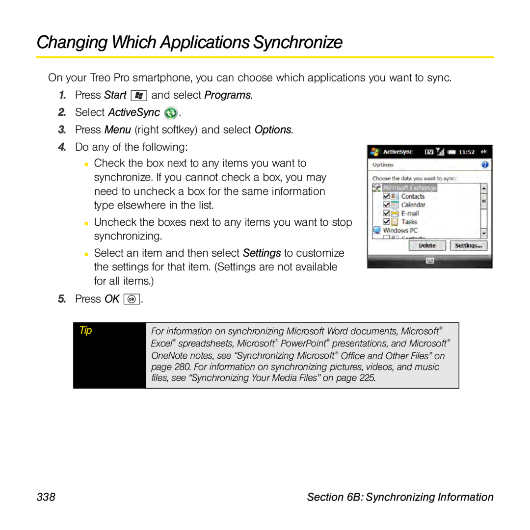 Palm TREOPROBLKSPT manual Changing Which Applications Synchronize, 338 