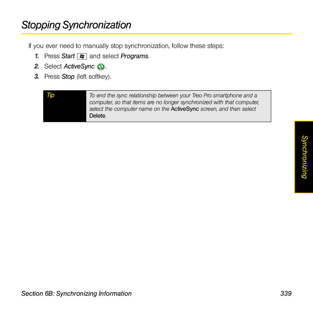 Palm TREOPROBLKSPT manual Stopping Synchronization, Synchronizing Information 339 