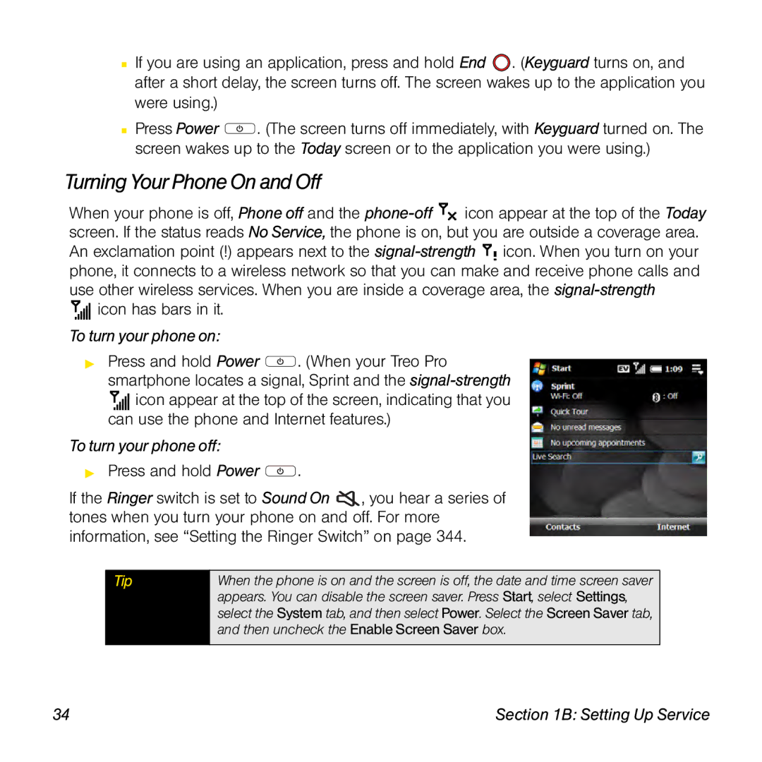 Palm TREOPROBLKSPT manual Turning Your Phone On and Off, To turn your phone on, To turn your phone off 