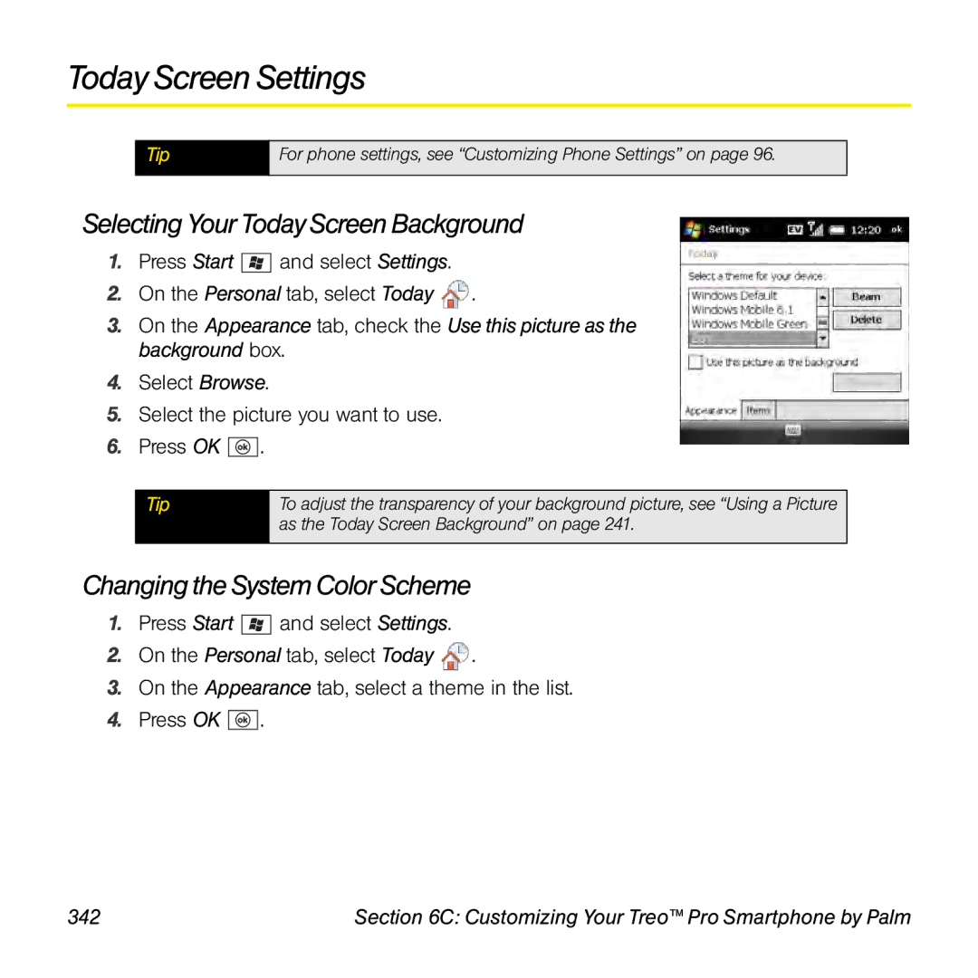 Palm TREOPROBLKSPT Today Screen Settings, Selecting Your Today Screen Background, Changing the System Color Scheme, 342 