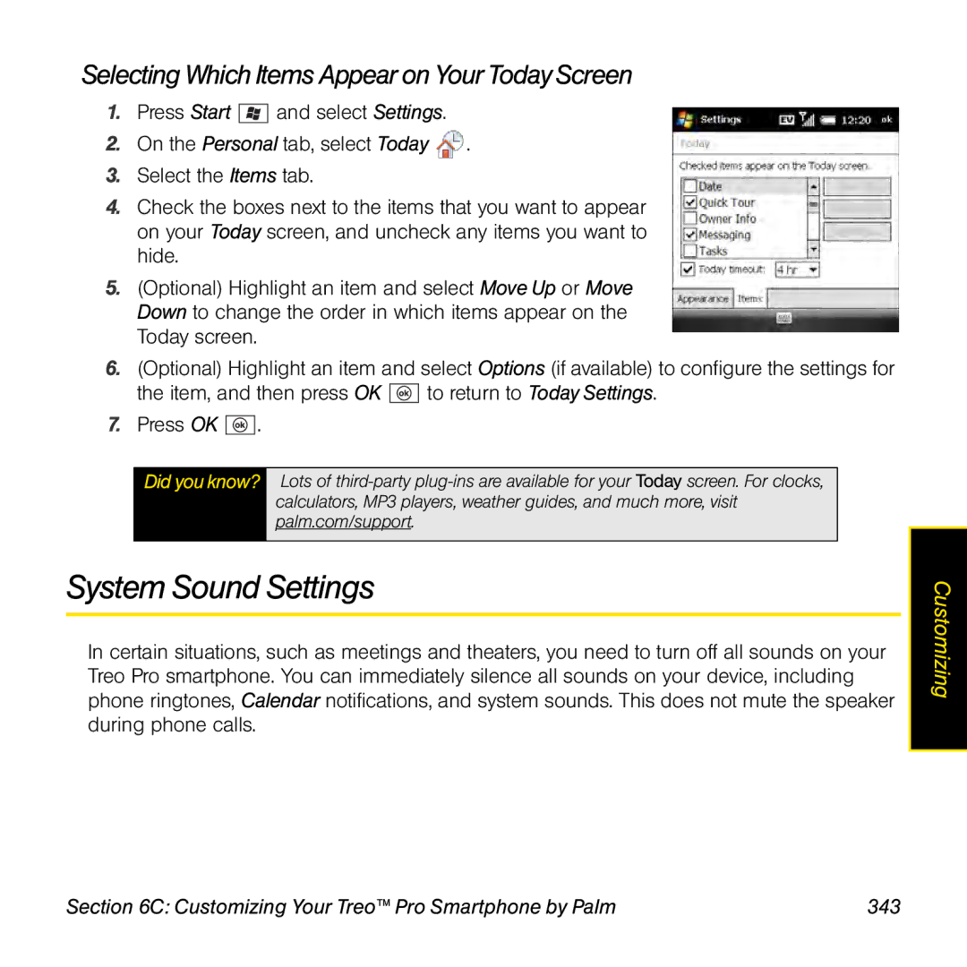 Palm TREOPROBLKSPT manual System Sound Settings, Selecting Which Items Appear on Your TodayScreen 