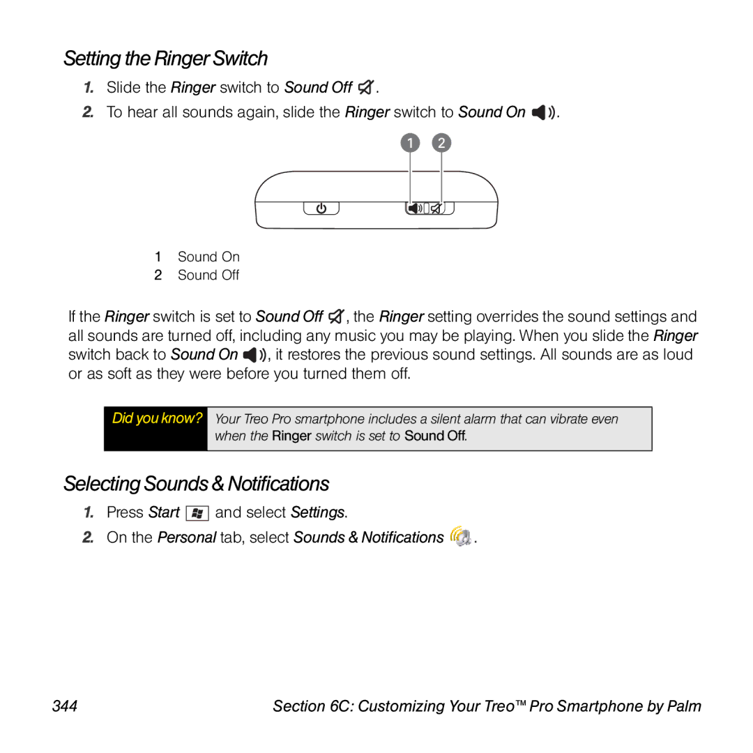 Palm TREOPROBLKSPT manual Setting the Ringer Switch, Selecting Sounds & Notifications 