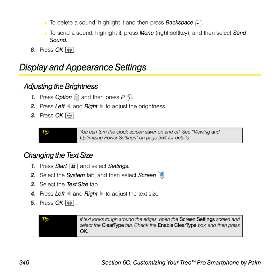 Palm TREOPROBLKSPT manual Display and Appearance Settings, Adjusting the Brightness, Changing the Text Size, 346 