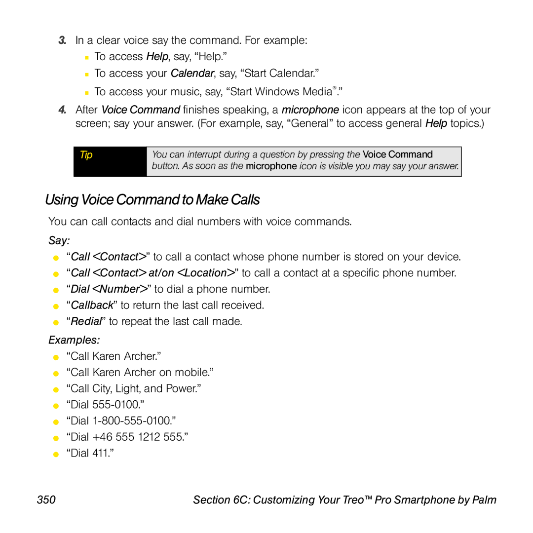 Palm TREOPROBLKSPT manual Using Voice Command to Make Calls, Say, Examples, 350 