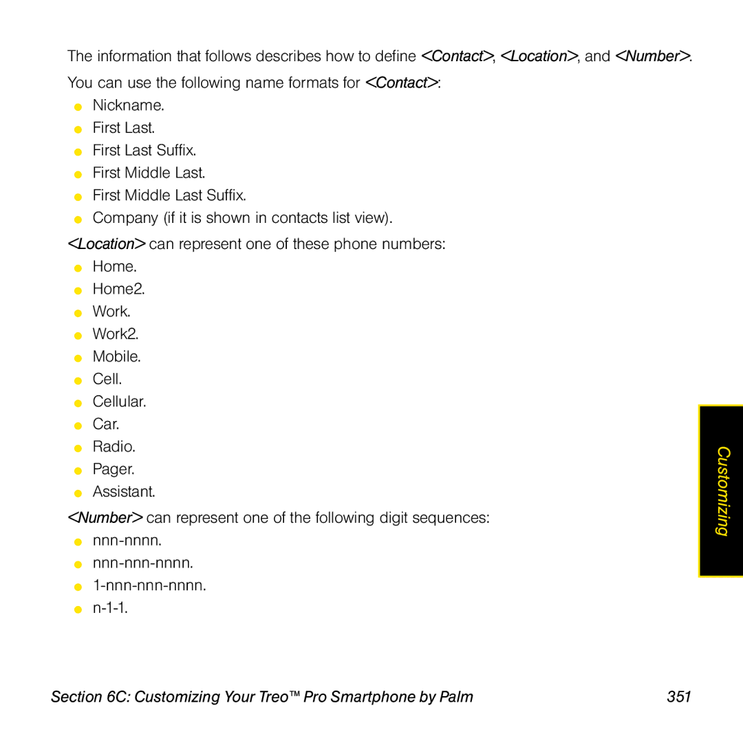 Palm TREOPROBLKSPT manual Customizing Your Treo Pro Smartphone by Palm 351 