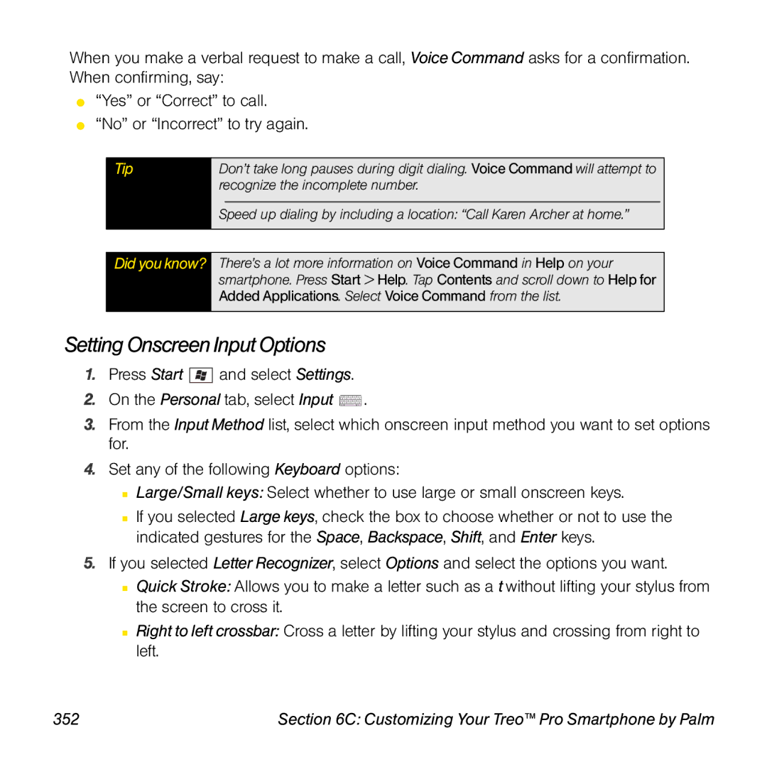 Palm TREOPROBLKSPT manual Setting Onscreen Input Options, 352 