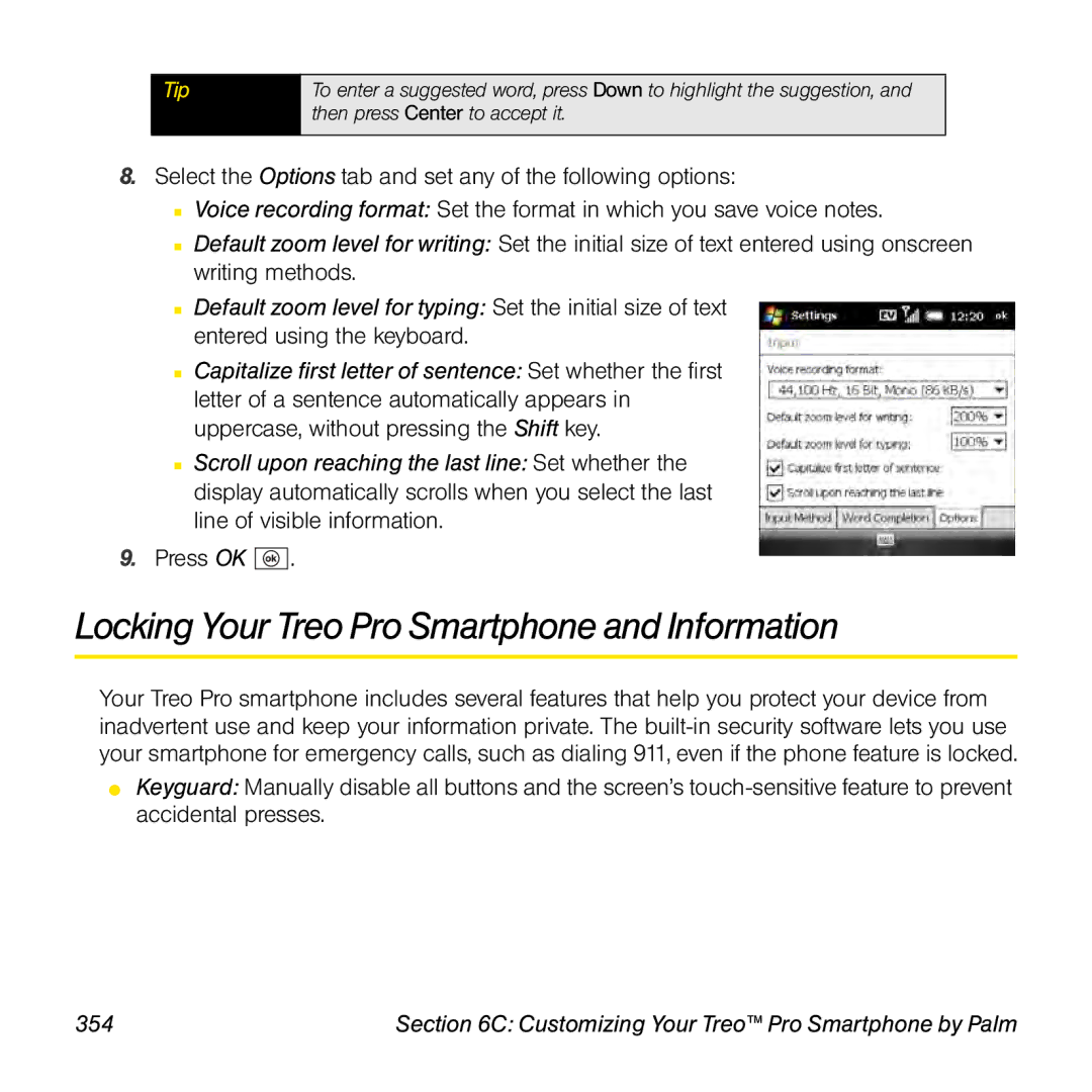 Palm TREOPROBLKSPT manual Locking Your TreoPro Smartphone and Information, 354 