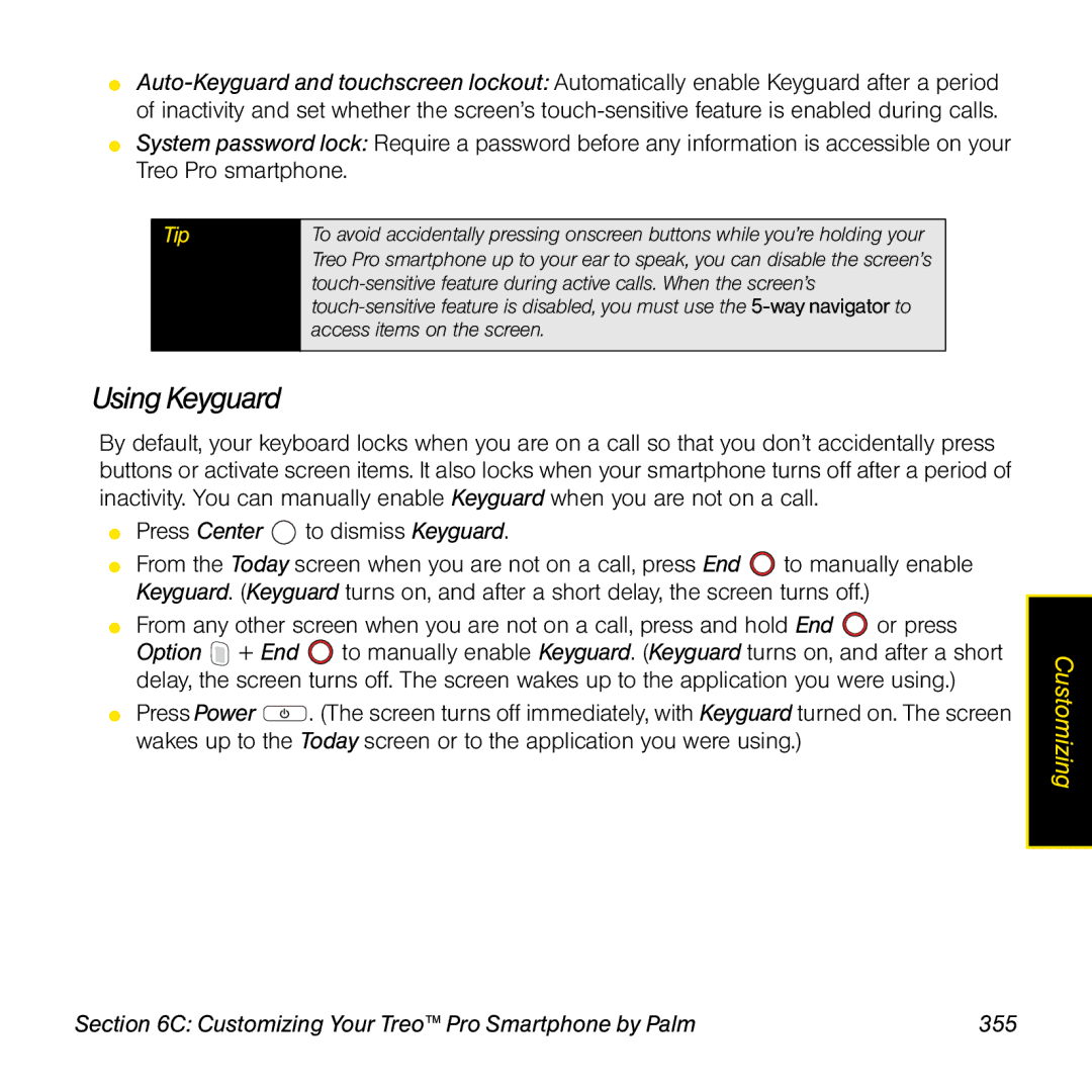 Palm TREOPROBLKSPT manual Using Keyguard, Customizing Your Treo Pro Smartphone by Palm 355 